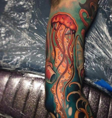 Male Full Sleeves Brilliant Jellyfish Tattoo