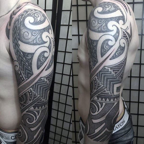 Male Full Sleeves Interesting Grey Pattern Tattoos