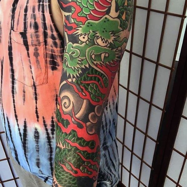 Male Full Sleeves Red Green Dragon Tattoo