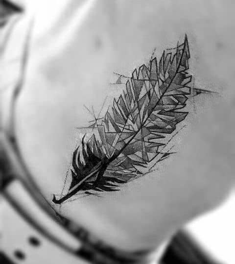 Male Geometric Back Rib Cage Side Feather Tattoo Design Inspiration