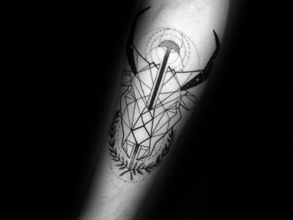 Male Geometric Bull Head Black Ink Lines Forearm Tattoo Design Inspiration