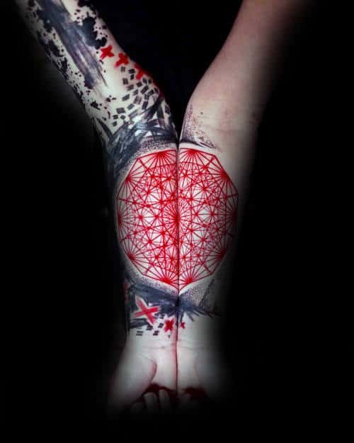 Male Geometric Red Ink Inner Forearm Tattoos