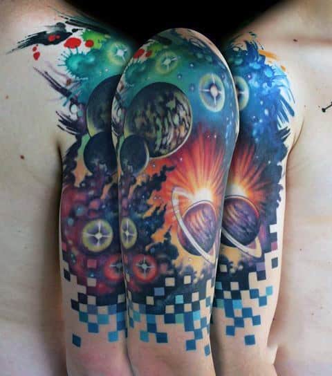 Male Graphical Universe Tattoo On Shoulders