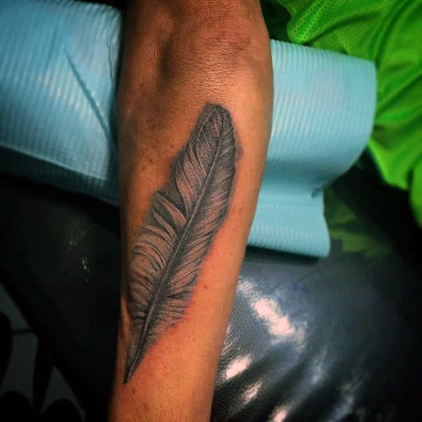 Male Grey Feather Tattoo Forearms