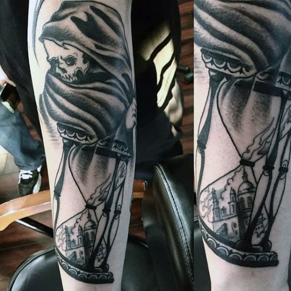 Male Grim Reaper Hourglass Tattoo Inner Forearm