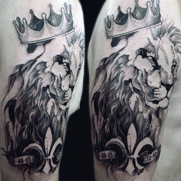 Male Hairy Lion With Crown Tattoo On Arms
