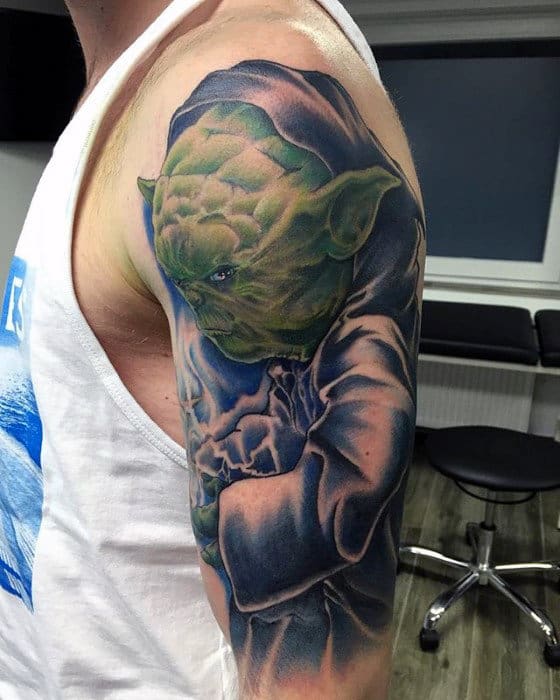 Male Half Sleeve Yoda Tattoo Inspiration