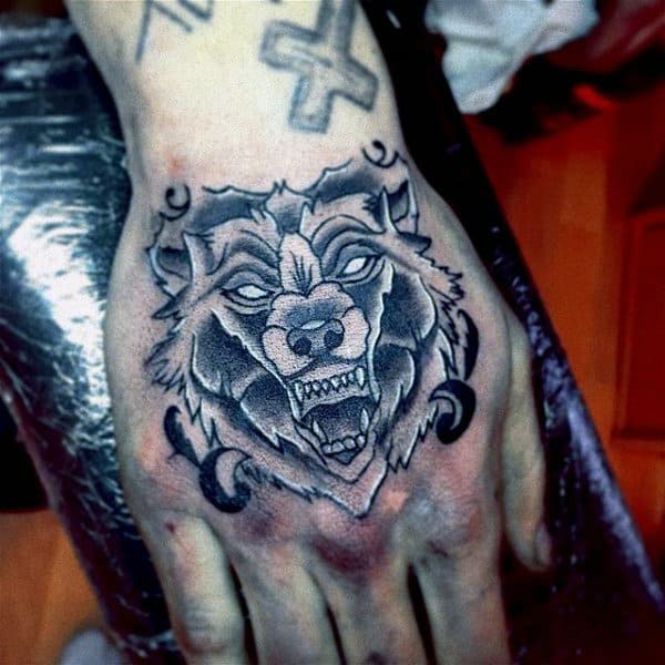 Male Hands Black And White Tiger Head Tattoo