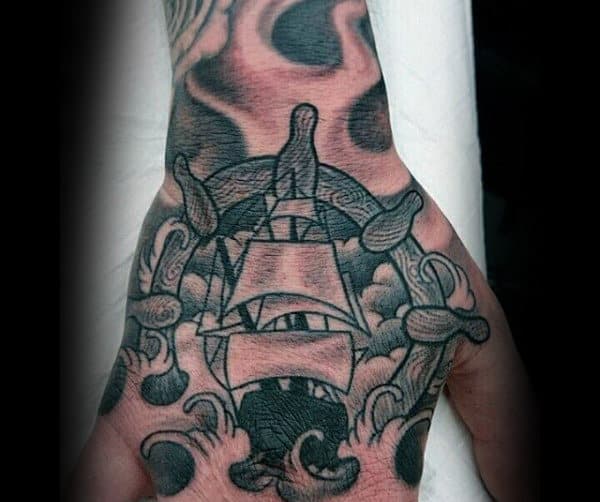 Male Hands Interesting Tattoo Of Ship