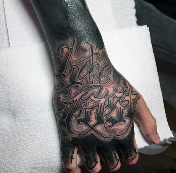 Male Hands Pretty Lettering Tattoo