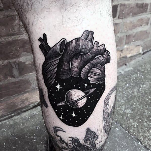 Male Incredible Tattoo Ideas Heart With Outer Space Design On Back Of Leg