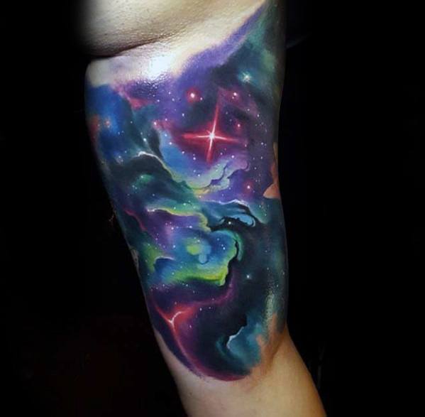 Male Inner Arm Bicep Watercolor Tattoo With Celestial Design