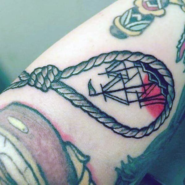 Male Inner Arm Noose Rope Sinking Ship Tattoo Design Inspiration