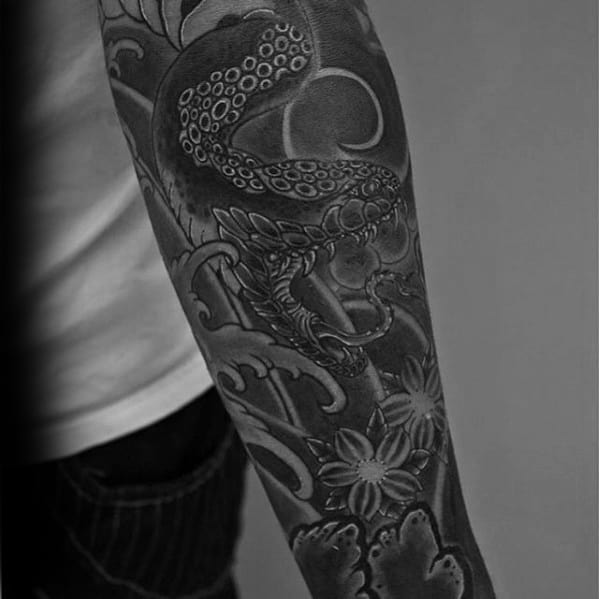 Male Japanese Snake Tattoo Design Inspiration Shaded Black And Grey Ink Sleeve