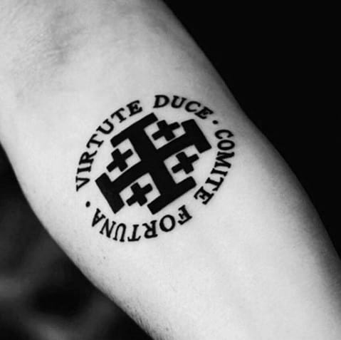 Male Latin Tattoo Design Inspiration With Cross On Inner Forearm
