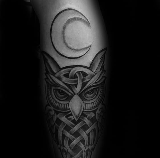 Male Leg Celtic Owl With Moon Design Tattoo Ideas