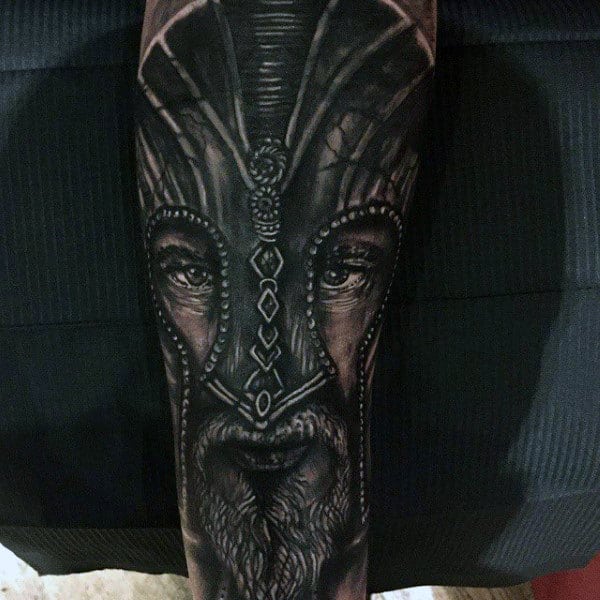 Male Legs Decorated Helmet And Warrior Tattoo
