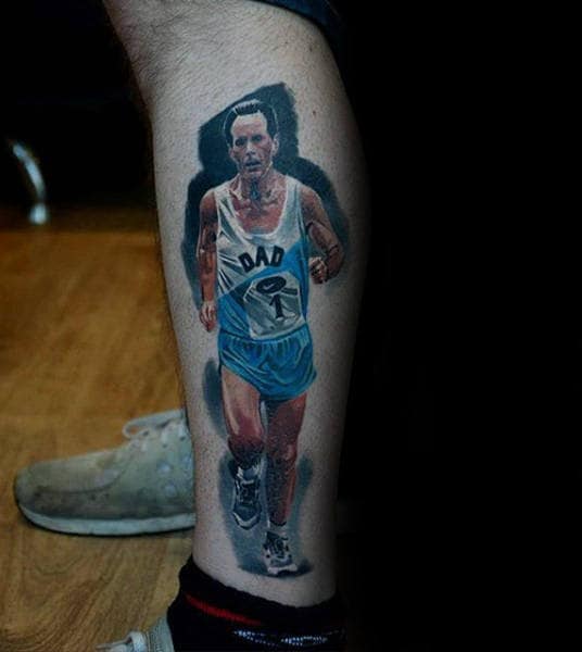 Male Legs Runner With Dad Shirt Tattoo