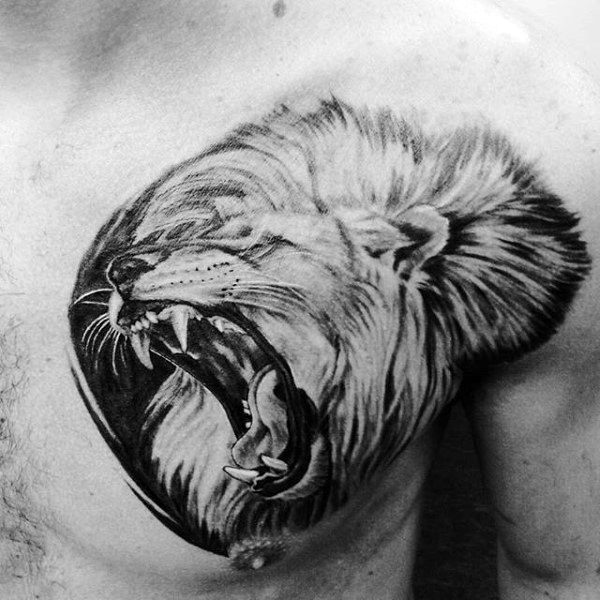 Male Lion Tattoo On Right Chest