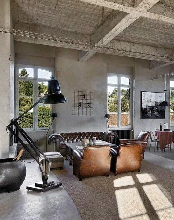 industrial style factory living room brown leather sofa large black floor lamp 