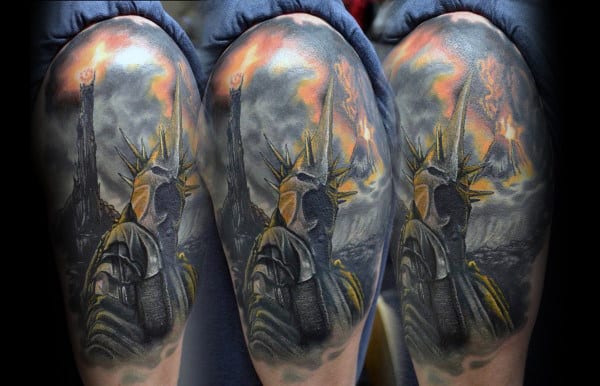 Male Lord Of The Rings Witch King Of Angmar Tattoo On Arm With Watercolor Design