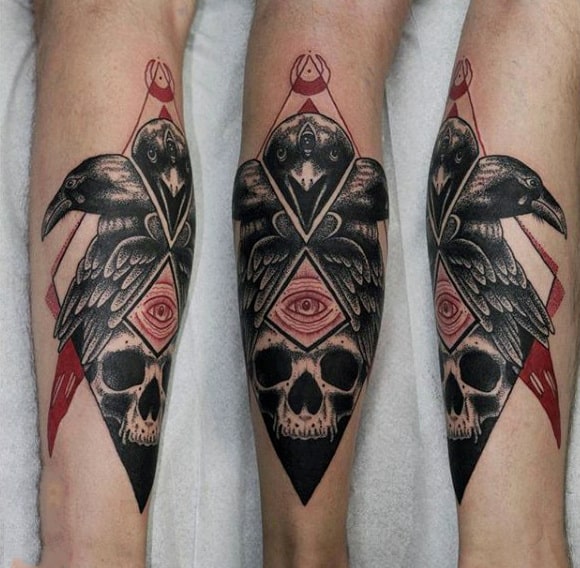 Male Lower Legs Redeye Skull And Raven Tattoo