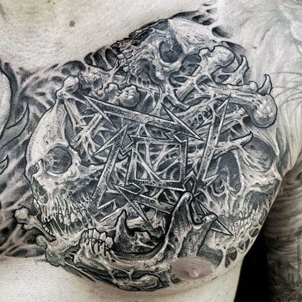 Male Metallica Tattoo Design Inspiration On Upper Chest