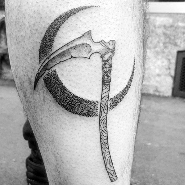 Male Moon Side Of Leg Scythe Tattoo Ideas