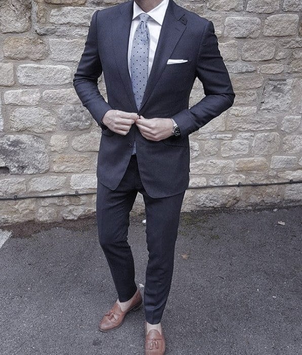 blue suit with grey shoes