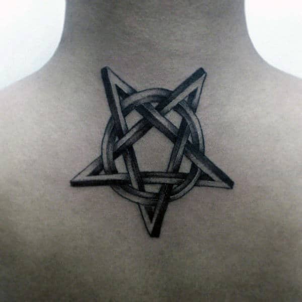 Male Neck Geometrical Pentagram Tattoo