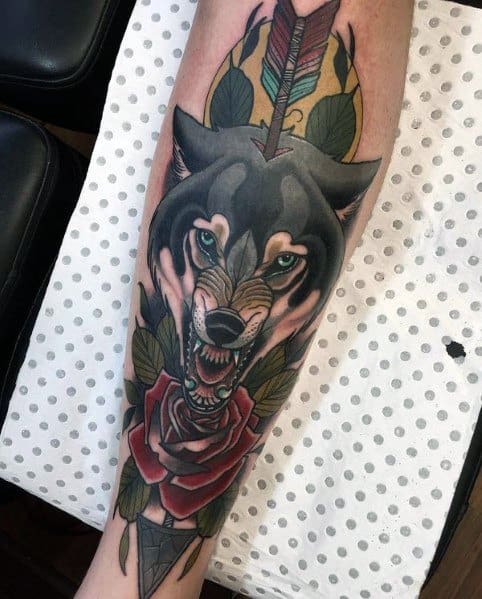 Male Neo Traditional Wolf Themed Tattoos