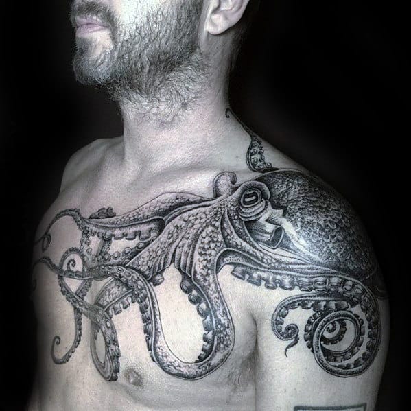 Male Octopus Tattoo Ideas On Shoulder And Chest