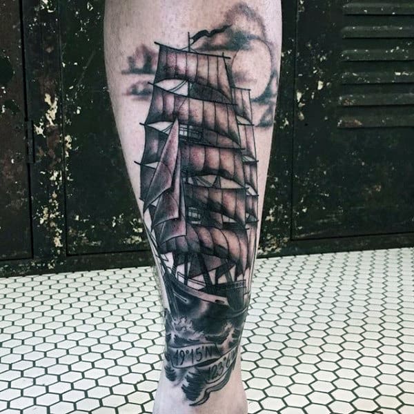 Male Old Ship Tattoo On Legs