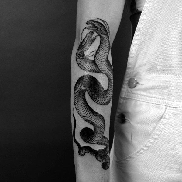 Male Outer Forearm Black Ink Two Headed Snake Themed Tattoo Inspiration