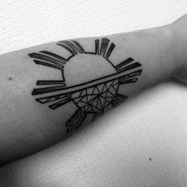 Male Outer Forearm Tattoo With Filipino Sun Design