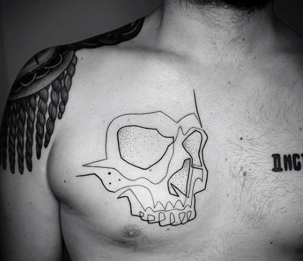 Male Outline Skull Chest Tattoo Design Inspiration