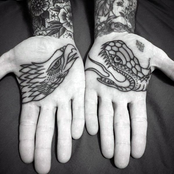 Male Palms Eagle And Snake Tattoo