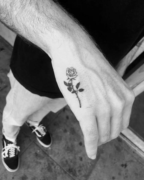 Male Quarter Sized Rose Flower Hand Tattoo
