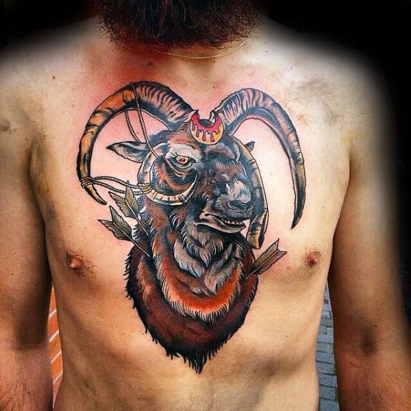 Male Ram With Arroows Chest Tattoo Ideas