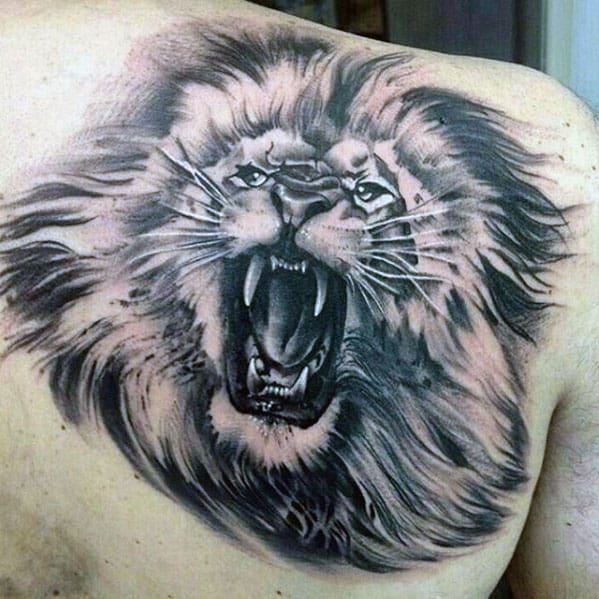 Male Realistic Lion Back Of Shoulder Tattoo Ideas