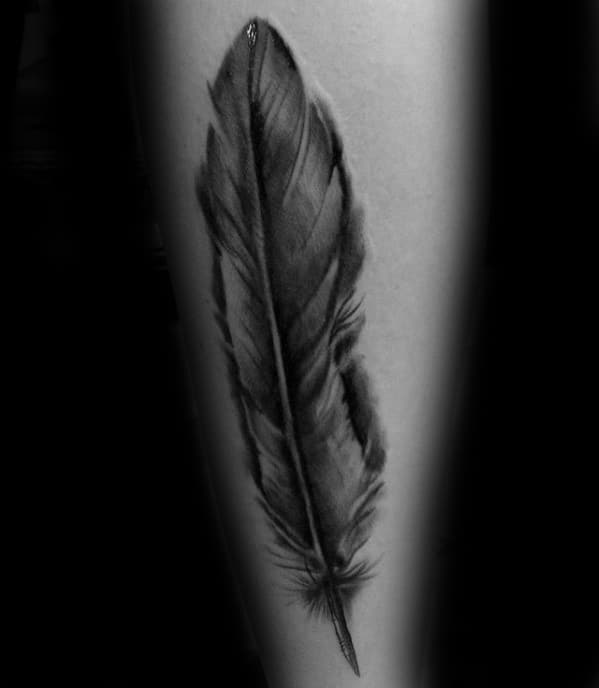 Male Realistic Shaded Black And Grey Ink Forearm Tattoo With Quill Design