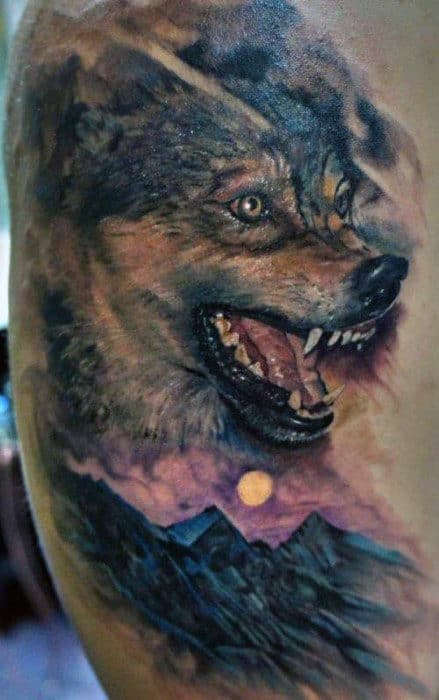 Male Rib Cage Side Watercolor Realistic Wolf Mountain Landscape Tattoo