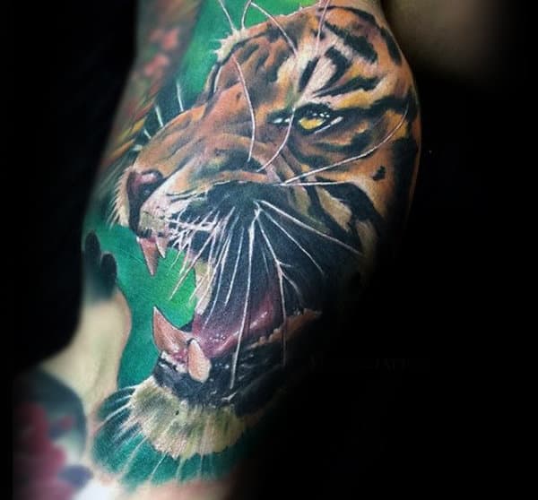 Male Roaring Tiger Inner Arm Tattoos