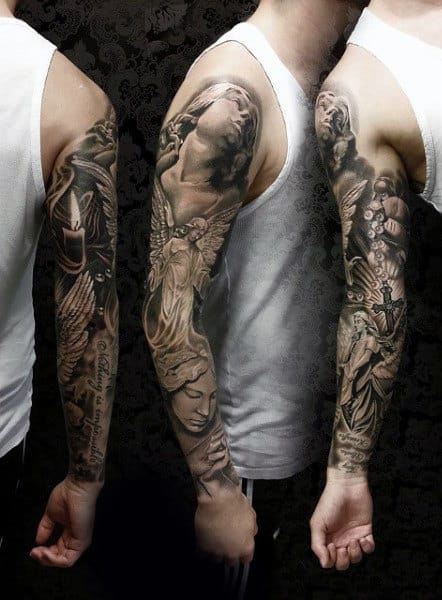 Male Rosaries Tattoo Full Sleeve With Holy Angels