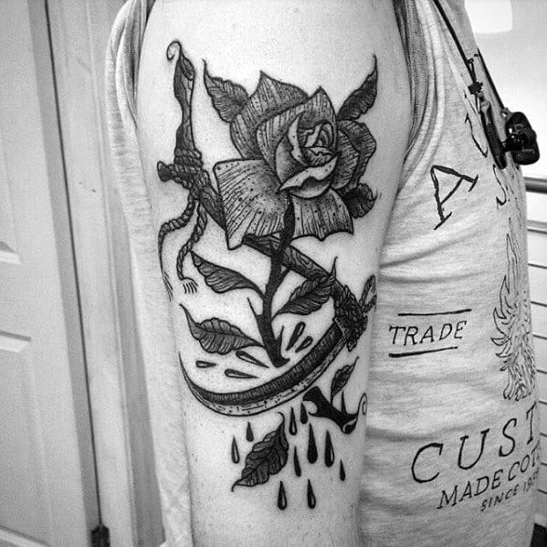 Male Rose Flower Arm Scythe Tattoo Design Inspiration
