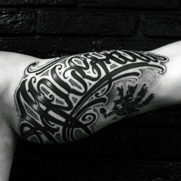 Male Script Graffiti Inner Arm Tattoos With Black Ink