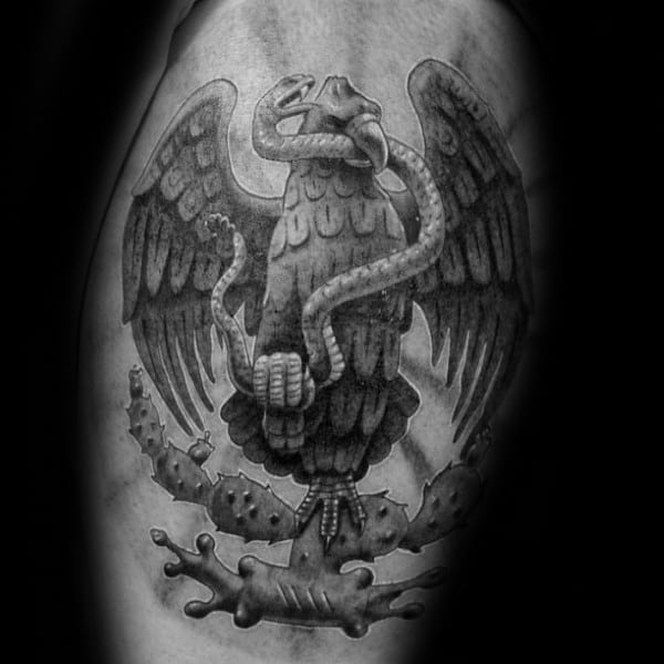 Male Shaded Black And Grey Ink Mexican Eagle Arm Tattoo Ideas