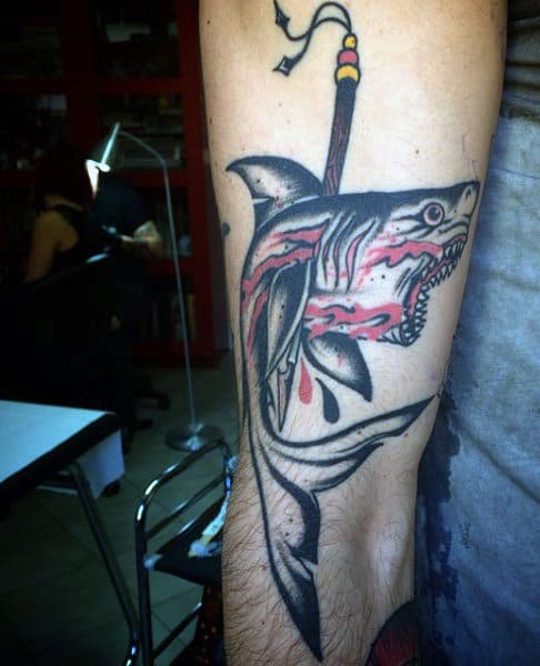 Male Shark Fish Spear Tattoo