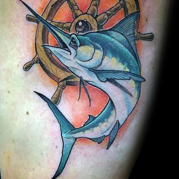 Male Ship Wheel With Swordfish Tattoo Ideas On Rib Cage Side