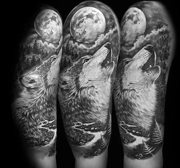 Male Sick Shaded Black And Grey Ink Wolf Howling At The Moon Half Sleeve Tattoo Ideas
